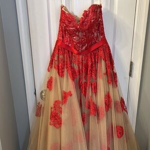 Sherri Hill Tan and Red Embellished Strapless Maxi Dress